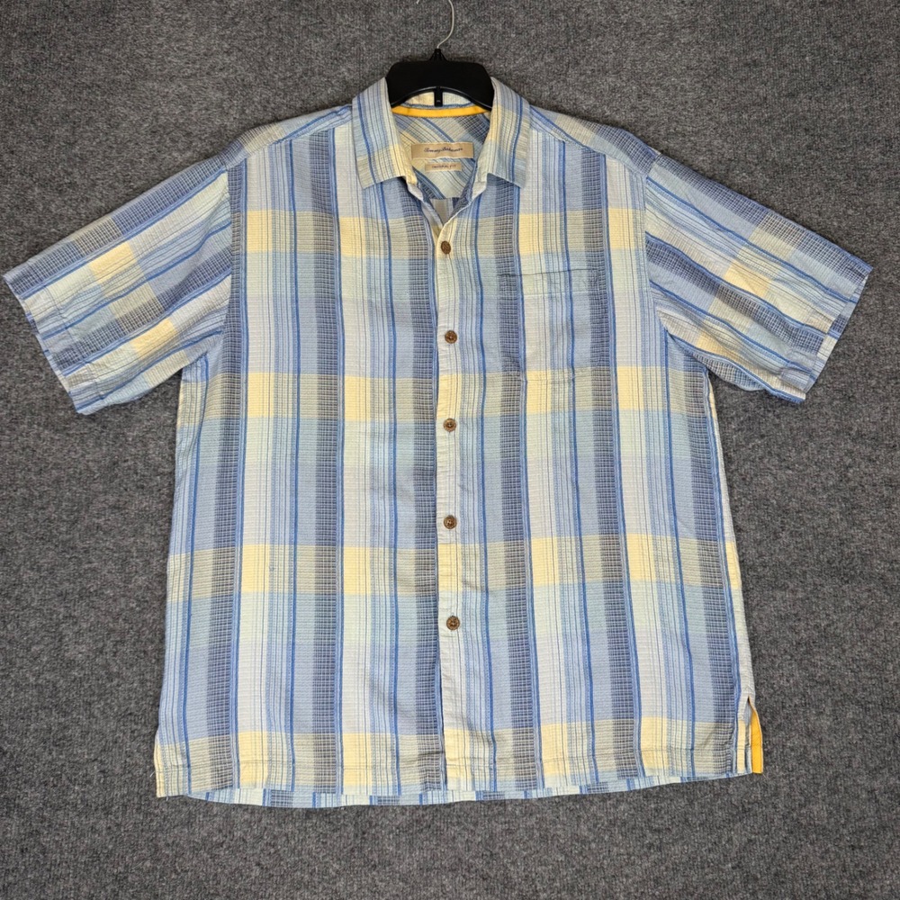 Tommy Bahama Silk Shirt Plaid Short Sleeve Button Up Casual Men's‎ Blue Large